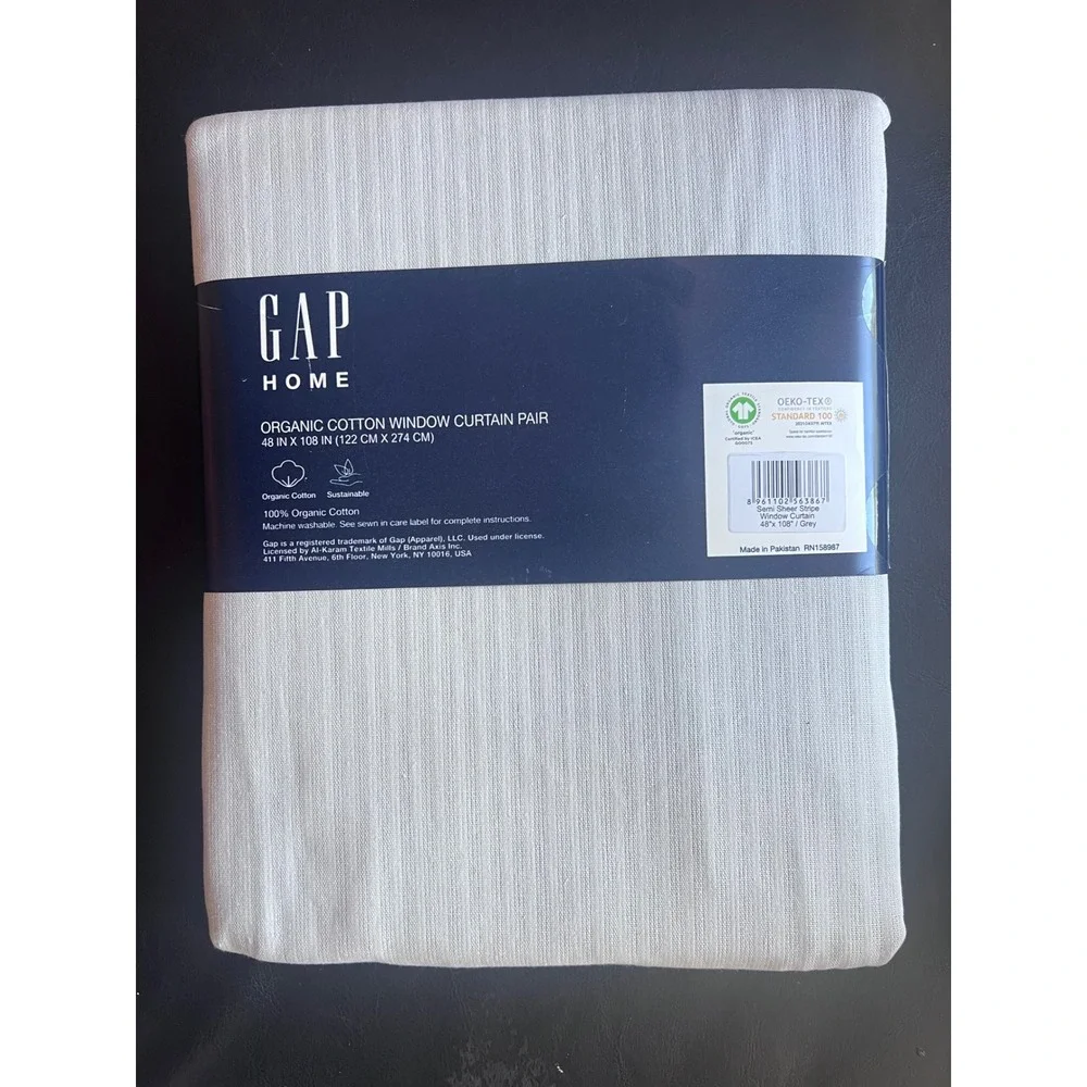 Gap Home‎ Organic Cotton Window Curtain Pair 48x108 Semi Sheer Stripe Grey